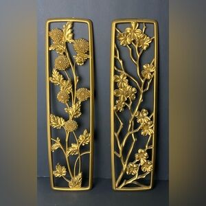 Set Of 2 Vintage MCM Syroco DART Gold Floral Wall Plaques 22" 3060 3062